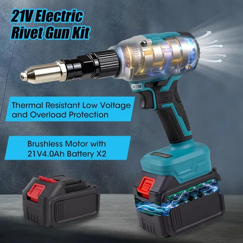 Vista 2 de Pistola de remache inalámbrica de 21 V, pistola de remache eléctrica con 2 X baterías y cargador de 4.0 Ah, herramienta de pistola de remaches pop