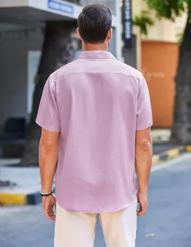 Vista 5 de COOFANDY Camisa de algodón de lino liso de manga corta para hombre, ajuste regular, camisa de playa casual con botones