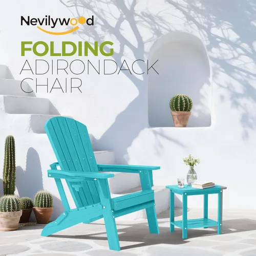 Vista 4 de nevilywood Silla Adirondack plegable – Respaldo ergonómico extendido, portavasos – Fácil montaje – Plástico HDPE duradero, resistente a