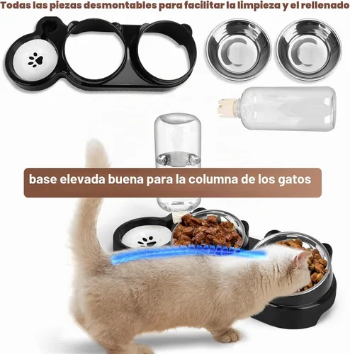 Vista 3 de Juego de cuencos de comida y agua para gatos, cuencos elevados de acero inoxidable para gatos con botella de agua automática y tapete impermeable