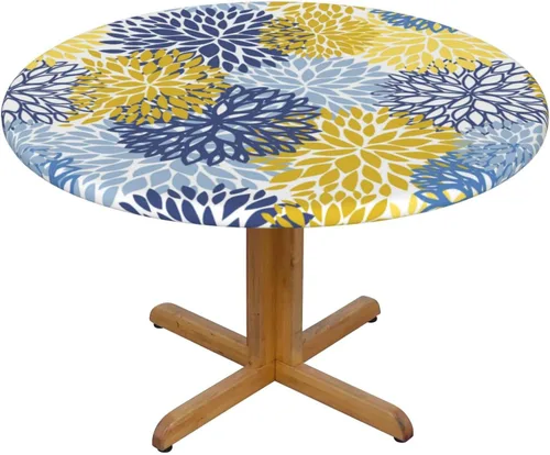 Vista 8 de Fiokroo Mantel de Flores de Crisantemo Azul, Amarillo y Azul Marino con Borde Elástico, Mantel Redondo Lavable y Reutilizable Cubierta de Mesa