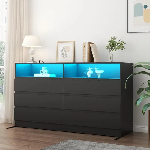 Vista 4 de Loomie Cómoda de 6 cajones para dormitorio, cómoda ancha con estación de carga y luces LED, muebles de dormitorio tradicionales, tocador
