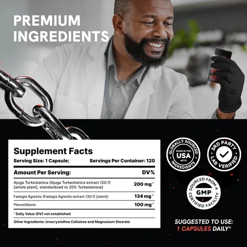 Vista 7 de Suplemento orgánico de turkesterona para hombres - Recuperación muscular y crecimiento con Fadogia Agrestis orgánica, pterostilbeno, Ajuga