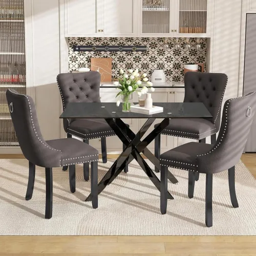 Vista 15 de Juego de mesa de comedor de 51 pulgadas de vidrio para 4, mesa de cocina rectangular de vidrio con 4 sillas tapizadas con acentos de terciopelo
