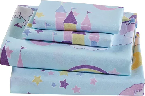 Vista 3 de Mk Home - Juego de edredón de tamaño individual para niñas, unicornio, azul, rosa, morado, amarillo, blanco
