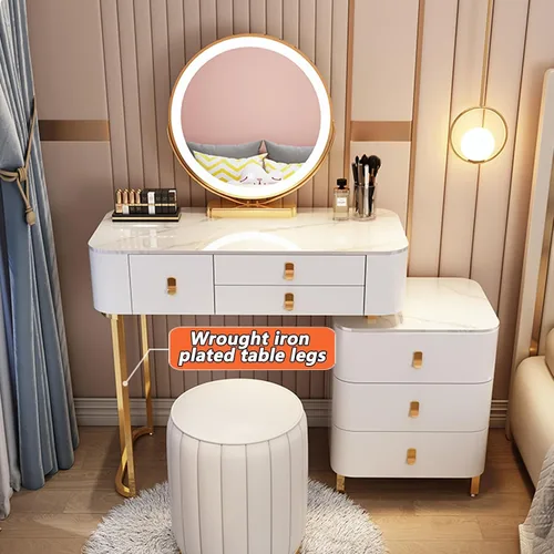 Vista 7 de Tocador, tocador de maquillaje con taburete acolchado, tocador con espejo iluminado LED y mesa auxiliar, mesa de maquillaje con 3 cajones