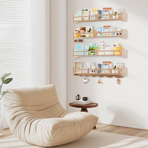 Vista 7 de Estantes para libros de guardería de 34 pulgadas montados en la pared, estante flotante para libros para niños con 6 ganchos, estante colgante