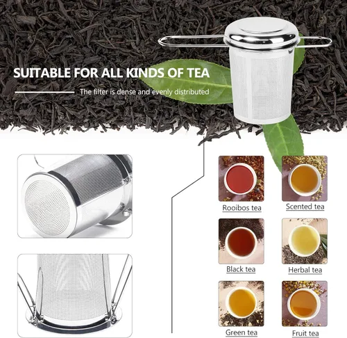 Vista 4 de Infusor de té, filtros de malla fina más empinados de acero inoxidable, colador de té de gran capacidad con mango y tapa plegables, colgar