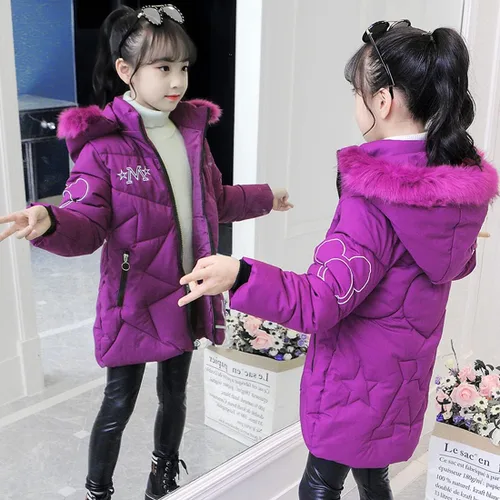 Vista 3 de Chaqueta cálida de invierno para niñas, rompevientos con capucha de piel suave, patrón de dibujos animados