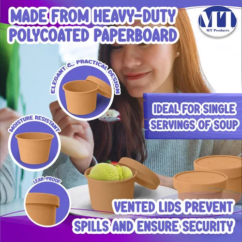 Vista 5 de MT Products Vasos de sopa de papel Kraft de 8 onzas, recipientes desechables para sopa con tapas, paquete de 20