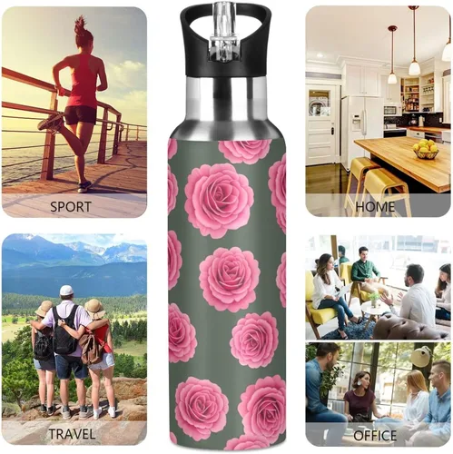 Vista 5 de Vibrant Pink Roses Stainless Steel Vacuum Insulated Water Bottle 20 Oz Leakproof Water Bottles, BPA-Free Sport Water Bottle