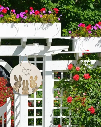 Vista 2 de Seasonal Front Door Welcome Sign, Happy Easter Bunny Rabbit Bow Round Wood Wreaths Wall Hanging Sign for Outdoor Porch Wall Pediments Home Decor