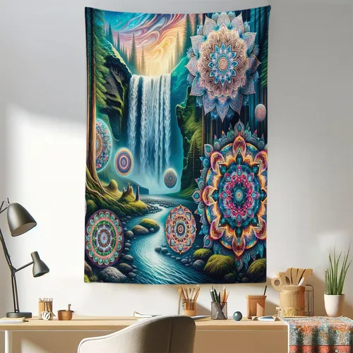 Vista 28 de Ambesonne Tapiz Trippy, vista panorámica de la cascada con bosques de ensueño y mandala oriental psicodélico, decoración de tela para colgar