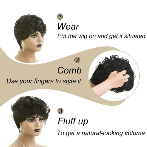 Vista 3 de Pelucas rizadas de corte Pixie para mujeres negras, pelucas cortas negras #1 Jet