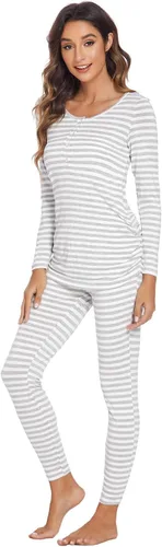 Vista 3 de Ekouaer Ropa interior térmica con botones para mujer, pijama de maternidad con forro polar de microfibra, conjunto de pijamas de invierno largo
