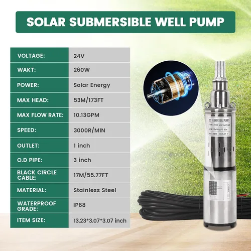 Vista 3 de Bomba sumergible solar de pozo profundo de 24 V, flujo de 10 GPM, cabezal de 173 pies, salida de 1 pulgada, bomba de tornillo de acero inoxidable