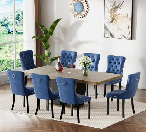 Vista 34 de Juego de mesa de comedor extensible de 63 a 79 pulgadas para 4, moderna mesa de cocina expandible con 4 sillas de terciopelo, mesa de madera gruesa