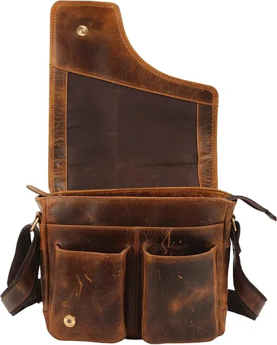 Vista 6 de WILD HOOK Bolso bandolera de cuero auténtico, bolso bandolera para viajes, trabajo, negocios, hombres y mujeres, Marrón Vintage