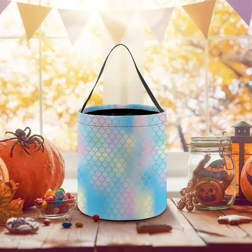 Vista 5 de Cubo de cubo de Halloween con diseño de sirena arcoíris, bolsa de dulces para niños, decoraciones de Halloween