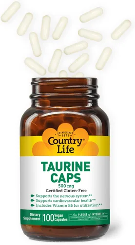 Vista 3 de Country Life Tapas de taurina, apoya la salud cardiovascular y el sistema nervioso, 500 mg, 100 cápsulas veganas, certificado sin gluten