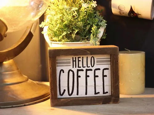 Vista 2 de Parisloft Cartel de madera con texto en inglés «Hello Coffee Barn» para decoración de cocina, cafetería, barra de café, placa de madera rústica