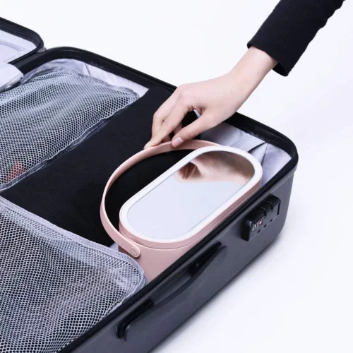 Vista 6 de Bolsa organizadora de maquillaje de viaje con espejo de luz LED, organizador de maquillaje, estuche de tren, organizador portátil de cosméticos