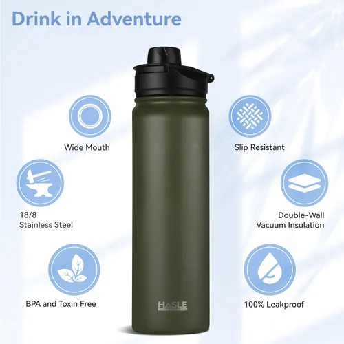 Vista 2 de HASLE OUTFITTERS Botella de agua aislada de 22 onzas, botella de agua de acero inoxidable de doble pared de boca ancha con tapa de popote y tapa