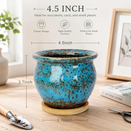 Vista 2 de ARTKETTY Macetas, macetas de cerámica de 4.5 pulgadas para plantas con drenaje, macetas pequeñas Azul