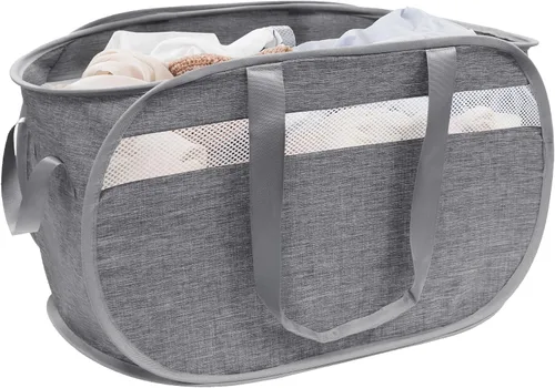 Vista 12 de Cesta plegable para la ropa sucia duradera con 2 compartimentos para clasificar y almacenar, cesta portátil para ropa sucia para dormitorio, cuarto