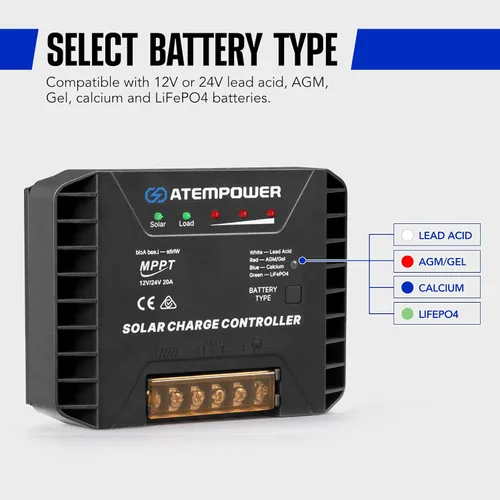Vista 2 de ATEM POWER Controlador de carga solar MPPT de 20 A 12 V/24 V que selecciona el tipo de batería Activar batería de litio Controlador solar