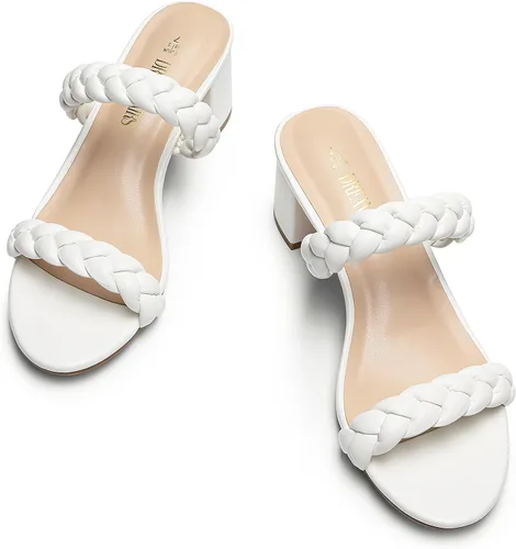 Vista 2 de DREAM PAIRS Zapatos de tacón bajo con dos correas trenzadas para mujer, puntera abierta, tacón grueso, sandalias de tacón grueso, para fiestas