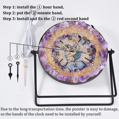 Vista 2 de JIC Gem Reloj de cristal de amatista con lámpara, reloj decorativo de escritorio, piedra de amatista púrpura, puerto USB, luz nocturna, decoración