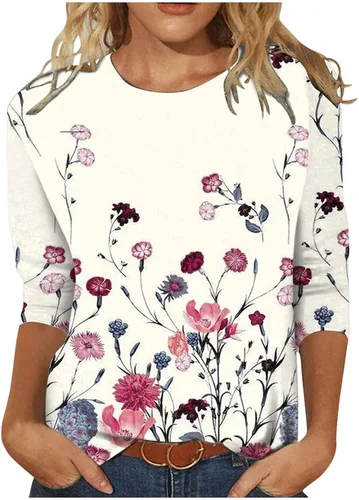 Vista 115 de Camisetas personalizadas para mujer, a la moda, casual, de séptima manga, estampada, cuello redondo, camiseta