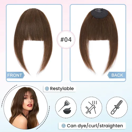 Vista 4 de Hairro Flequillo con clip, de cabello humano, fleco francés, con flecos, parte frontal plana, flequillo lateral, clip con cortina de sien, clip