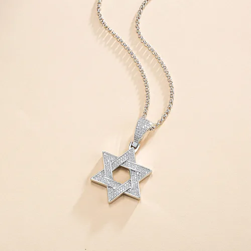 Vista 3 de FANCIME Star Of David Pendant Necklace White Gold Plated 925 Sterling Silver Polished Shiny Silver Hanukkah Jewelry for Mens, With 24 Inch Durable