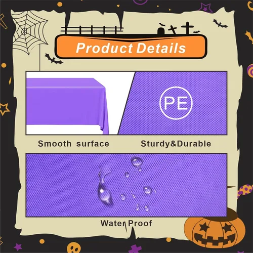 Vista 3 de Eunika 12 manteles de plástico desechables de Halloween, 54 x 108 pulgadas, mantel italiano rectangular a granel, negro, naranja, morado