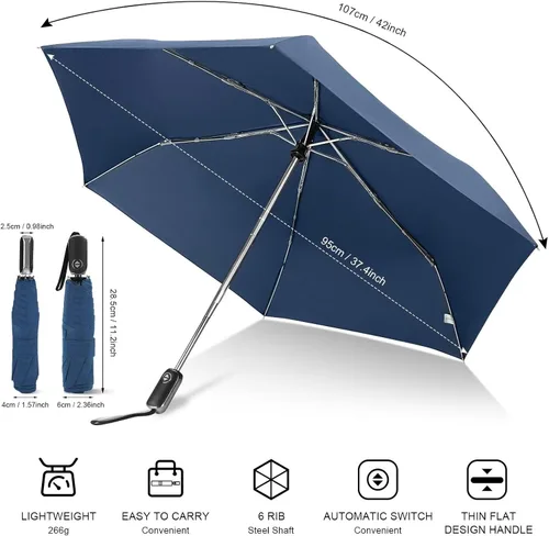 Vista 6 de LEAGERA Paraguas de viaje compacto para bolso, mango plano, impermeable para lluvia ligera