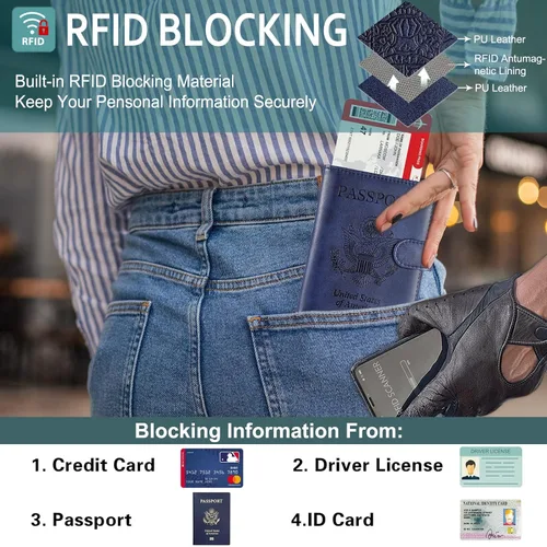 Vista 3 de RSAquar Combo de portatarjetas de pasaporte y vacunación, funda para pasaporte, funda de cuero para tarjetas, accesorios de viaje con bloqueo RFID