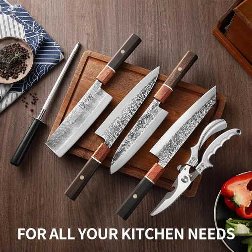 Vista 4 de Juego de cuchillos de Japón, juego de cuchillos Nakiri Santoku de acero de alto carbono de Japón, cuchillo de carnicero forjado a mano