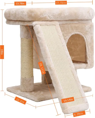 Vista 2 de SYANDLVY Árbol pequeño para gatos grandes de interior, condominio para gatitos con poste rascador y tabla, torre de actividades moderna con cueva