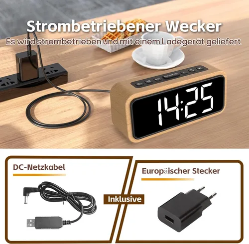 Vista 5 de Alarm Clock Loud for Deep Sleepers, Wooden Alarm Clock with LED Display, 12 Alarm Ringtones, 5 Brightness Adjustable, 5 Volumes, Manual DST, Brown