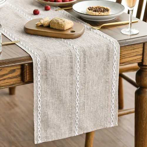 Vista 9 de Artoid Mode - Camino de mesa de lino de algodón rústico beige, decoración de mesa de cocina y comedor con bordado de temporada, para decoración