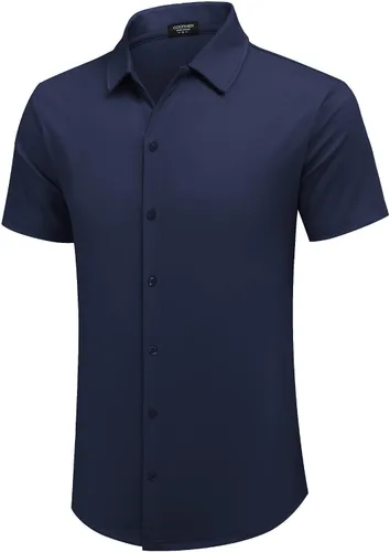 Vista 4 de COOFANDY Camisa casual con botones para hombre, manga corta, sin arrugas, camisa de verano