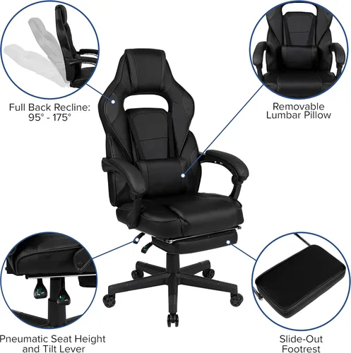 Vista 4 de EMMA + OLIVER Silla ergonómica negra para videojuegos, respaldo/brazos, reposapiés, masaje lumbar