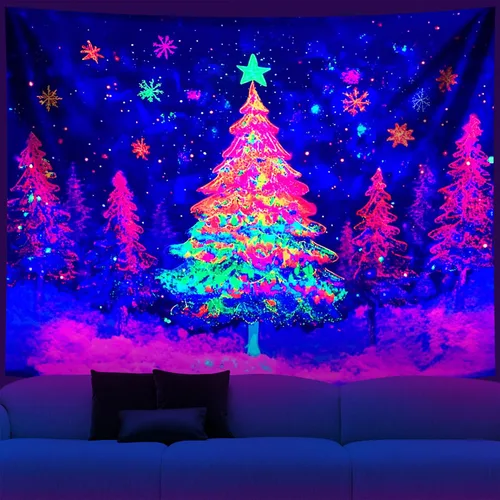 Vista 23 de NYZE - Tapiz de Navidad con Papá Noel, tapiz de luz negra que brilla en la oscuridad, colgante de pared, banner festivo, decoración para fiesta