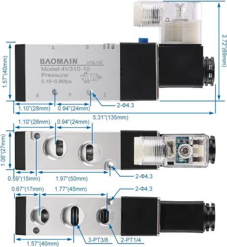 Vista 4 de Baomain Válvula de aire neumática del solenoide 4V310-10 DC 12V 5 vías 2 posición PT 3/8" tipo de actuación pilotado internamente control eléctrico