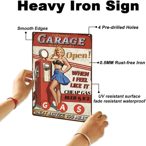 Vista 3 de Letrero de metal retro para decoración de pared de Garaje Pin Up Woman de 8 x 12 pulgadas de servicio completo The Gas Station Póster de arte
