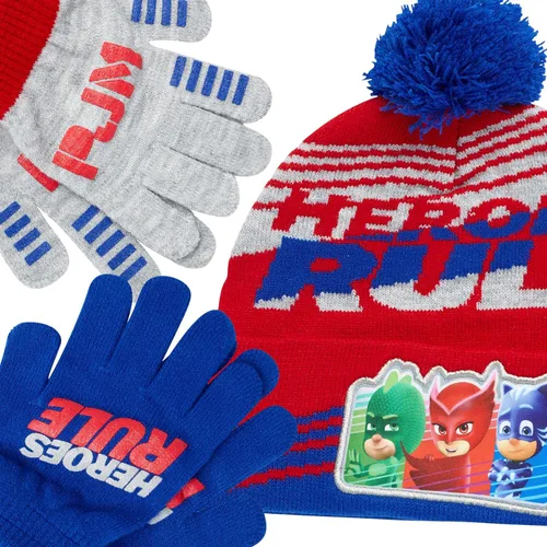 Vista 3 de PJ Masks Conjunto de gorro de invierno y 2 pares de guantes o mitones (edad 2-7)