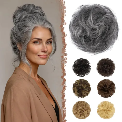 Vista 17 de FESHFEN - Extensiones de moño desordenado humano 100% cabello real, piezas de cabello rizado, extensiones de cola de caballo, cabello ondulado