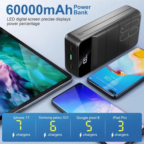 Vista 4 de Cargador portátil de 60000 mAh, carga rápida, 22.5 W, PD4.0 y QC 4.0 con cargador de batería USB C, cargador portátil de alta capacidad, cargador